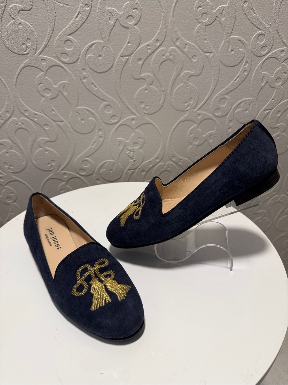 Women’s Navy Suede Embroidered Tassel Loafers by Jon Josef